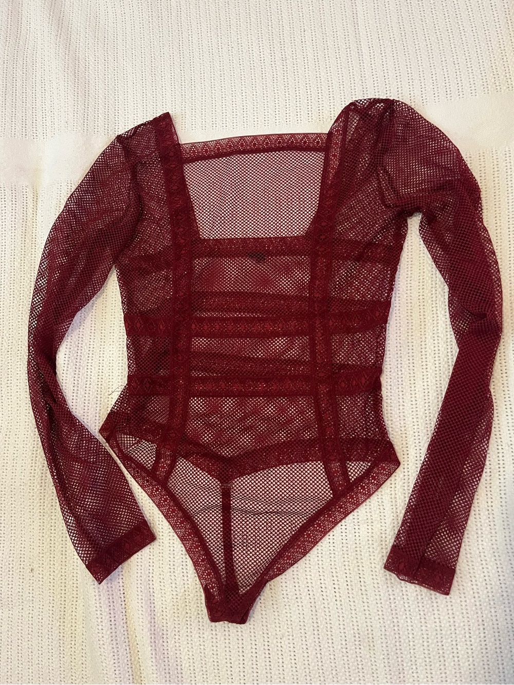 Sheer Long-Sleeve Mesh Bodysuit - Burgundy S/M